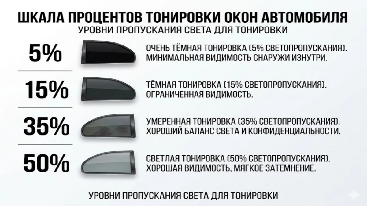 Инфографика светопропускаемости автомобильной тонировки в процентах.