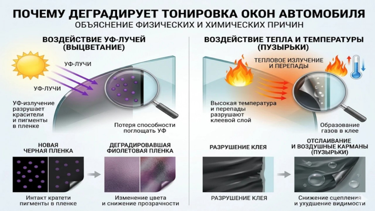 Инфографика причин появления пузырей и фиолетового оттенка на тонировке.