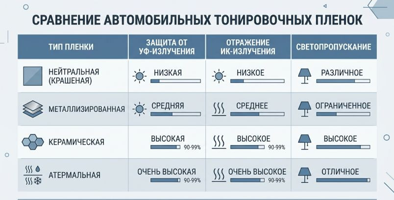 Сводное сравнение тонировочных пленок по ключевым характеристикам сравнение тонировочных пленок по характеристикам таблица