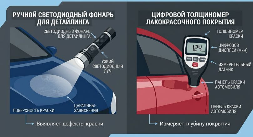 проверка голограмм на кузове лампой и толщиномером лака