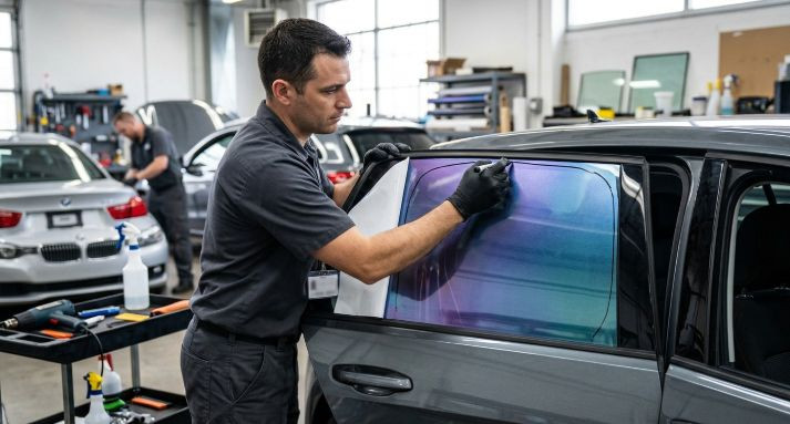 раскрой цветной тонировочной пленки по контуру автомобильного стекла