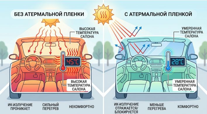 сравнение нагрева салона с атермальной пленкой и без